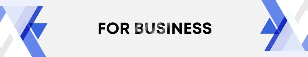 Black ’for business’ text on a white background, framed by abstract blue geometric patterns.