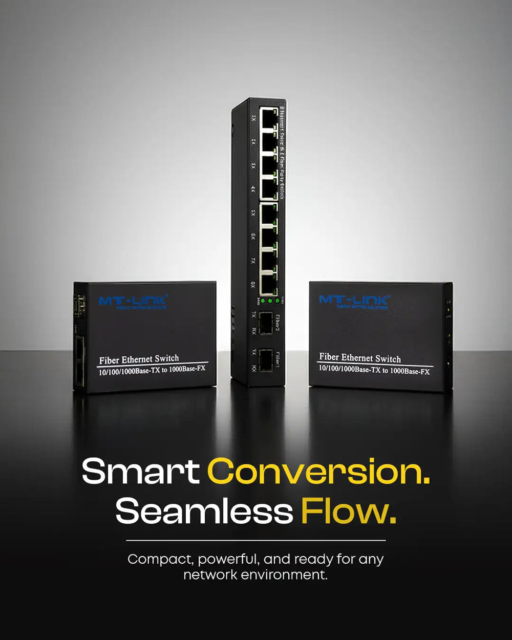 Black mt-link fiber ethernet switches with multiple ports and led indicators, designed for seamless network conversion.