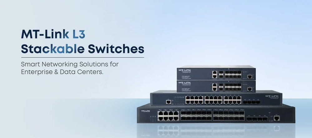 Black mt-link l3 stackable switches with multiple ethernet ports and a sleek, professional design.