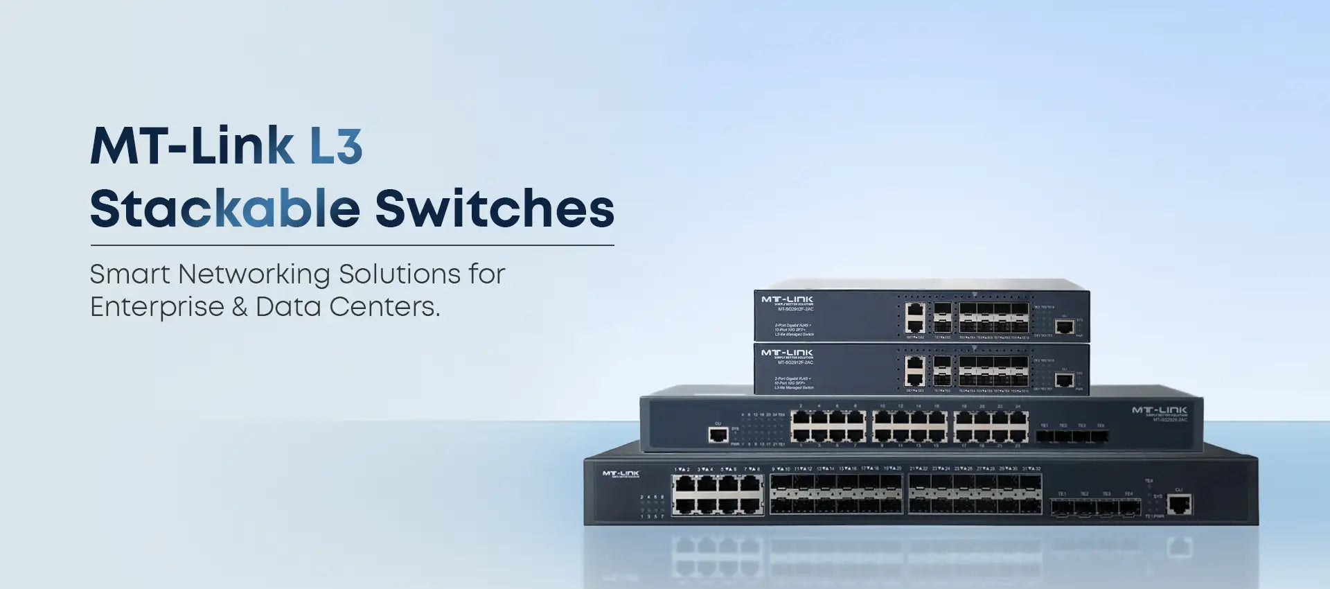 Black mt-link l3 stackable switches with multiple ethernet ports and a sleek, professional design.
