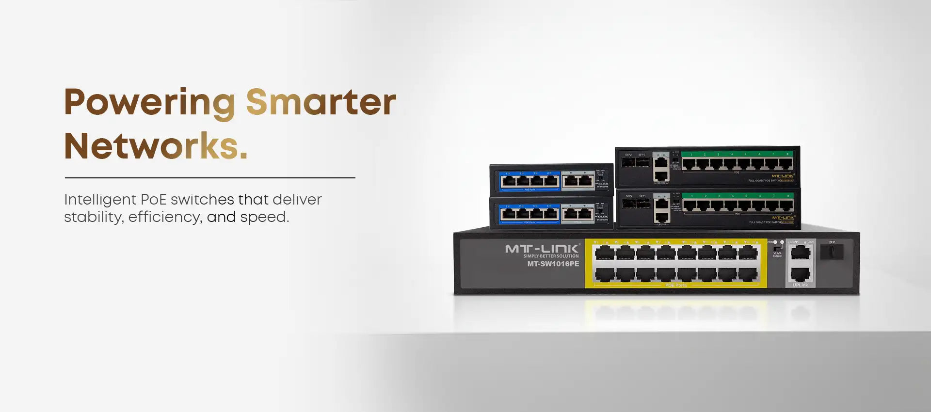 Black mt-link network switches with yellow and green port accents.