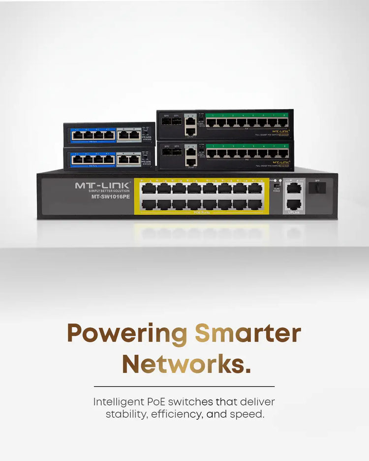 Black mt-link network switches with yellow and green port panels.