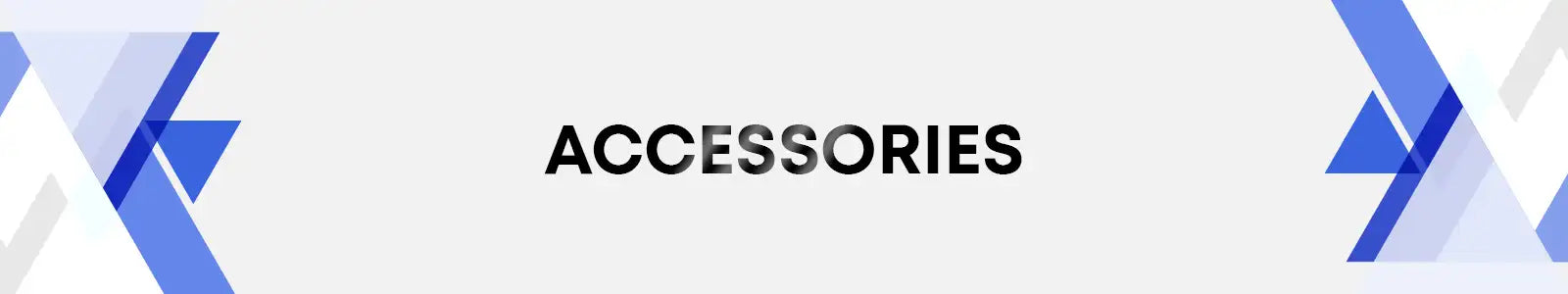 Blue and white geometric abstract design with the word ’accessories’ in bold black text centered on a light gray background.