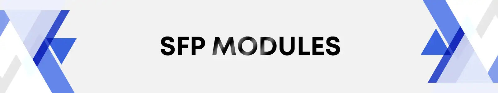 Sfp modules logo with bold black text centered between abstract blue geometric shapes on a light gray background.