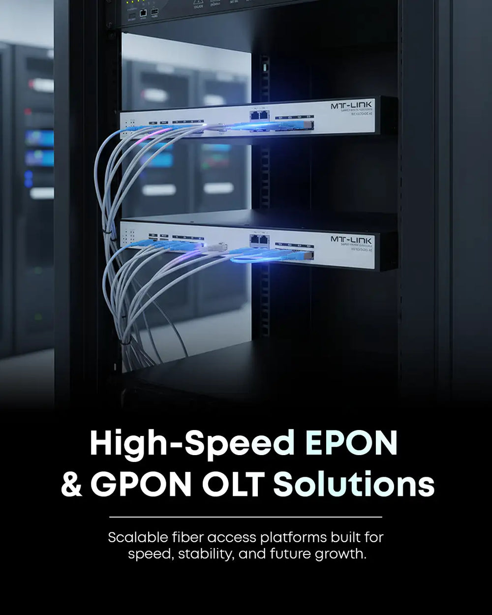 Two white mt-link fiber optic network switches mounted in a rack, each with multiple ports and glowing blue light indicators.