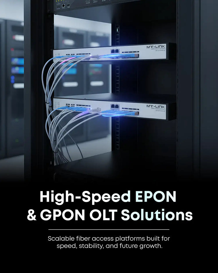 Two white mt-link fiber optic network switches mounted in a rack, each with multiple ports and glowing blue light indicators.