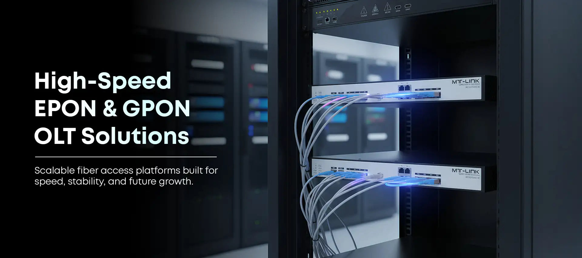 Two white mt-link olt devices with blue led lights, mounted in a server rack.