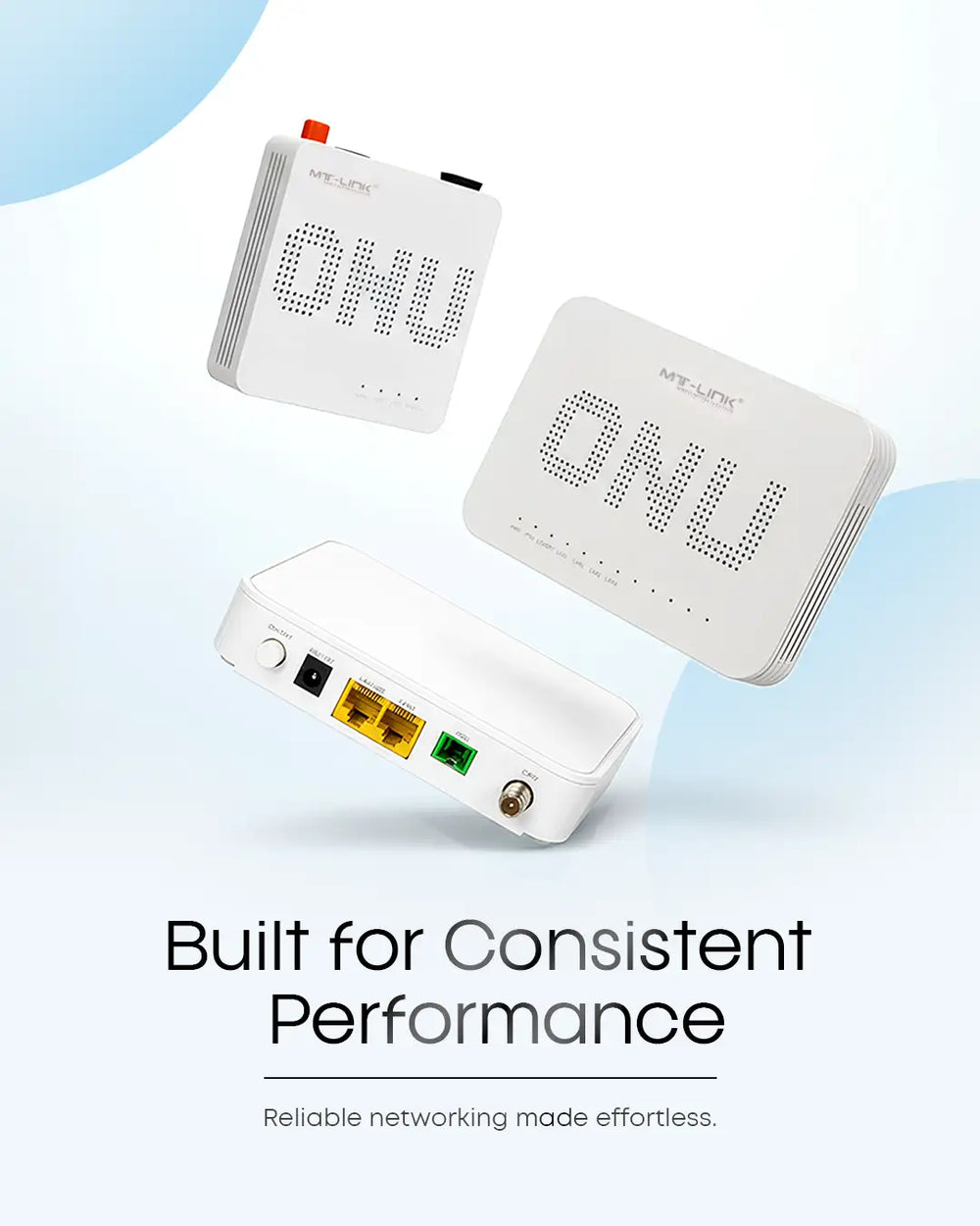 White mt-link onu fiber optic modem with perforated ’onu’ branding and multiple ethernet ports.