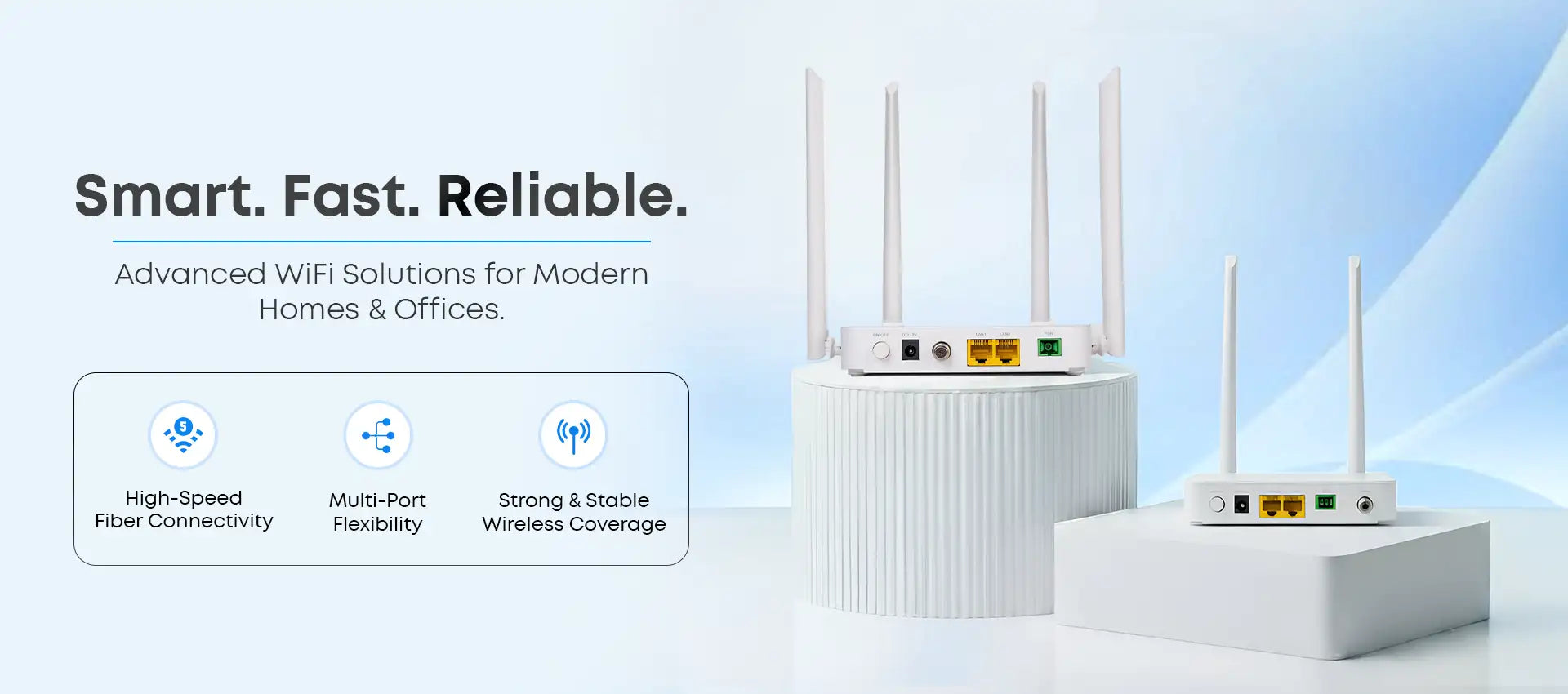 White plastic wifi router with four vertical antennas and multiple ethernet ports.