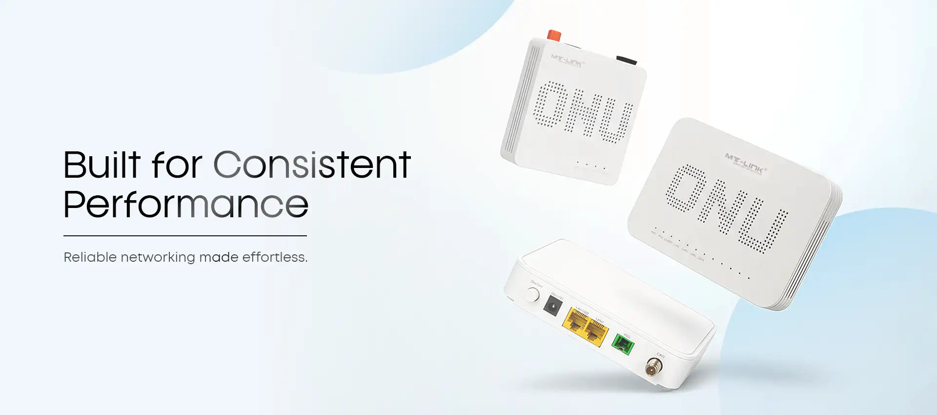 White rectangular onu devices with dotted ’onu’ branding and multiple ethernet ports.