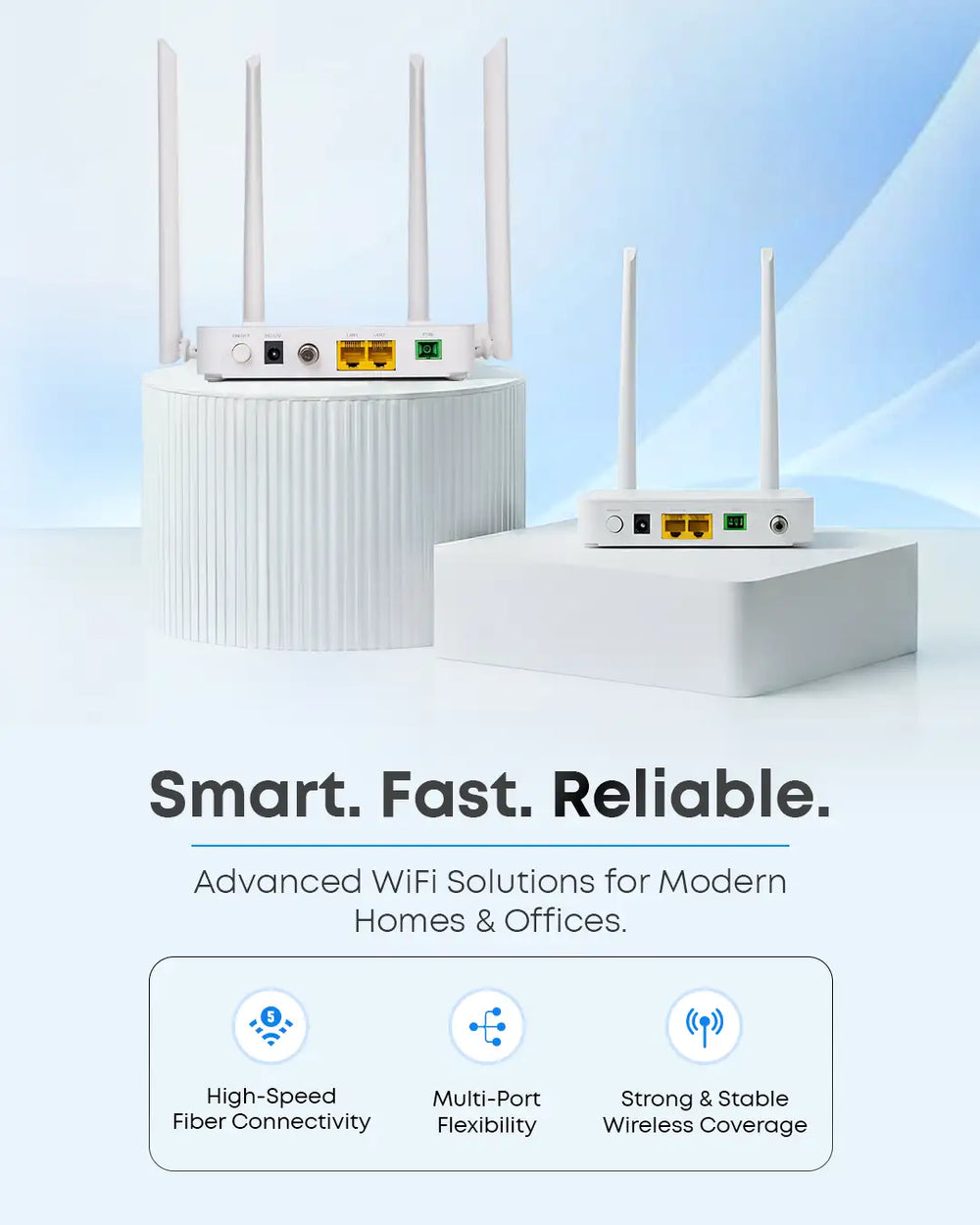 White wireless routers with multiple antennas and ethernet ports, designed for high-speed fiber connectivity.