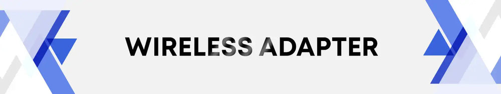 Wireless adapter with bold black text on a clean white background, framed by modern blue geometric patterns.