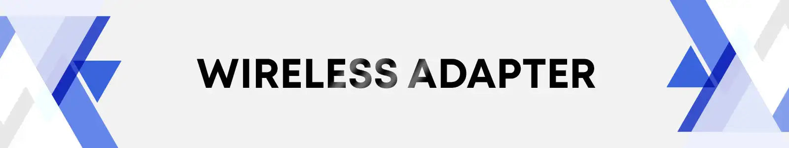 Wireless adapter with bold black text on a clean white background, framed by modern blue geometric patterns.